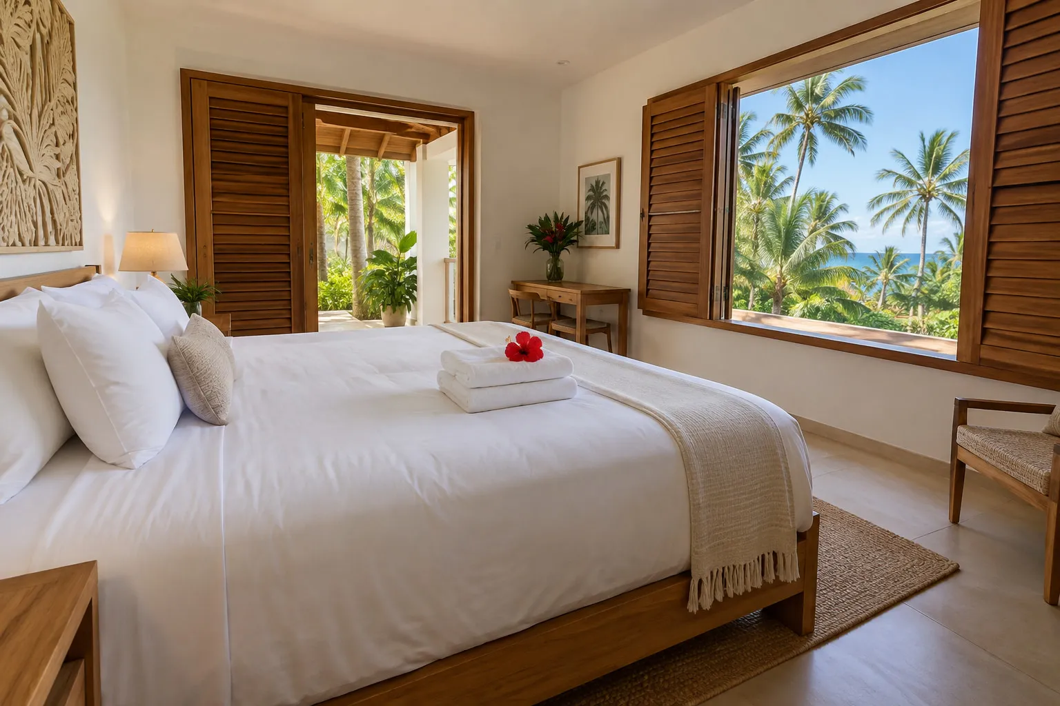 Chambre lumineuse préparée avec serviettes pliées et fleur d’hibiscus, fenêtre ouverte sur les palmiers, illustration générée par IA