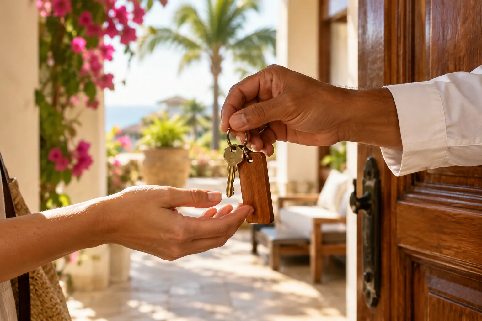 Remise d’une clé avec étiquette en bois devant la porte d’une villa, illustration générée par IA